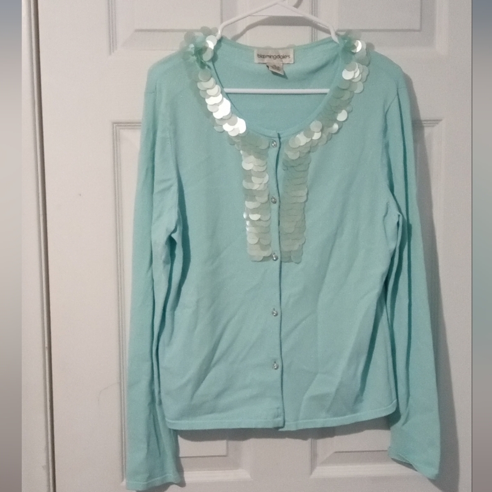 Bloomingdale's Mint Green Sequin Trim Cardigan